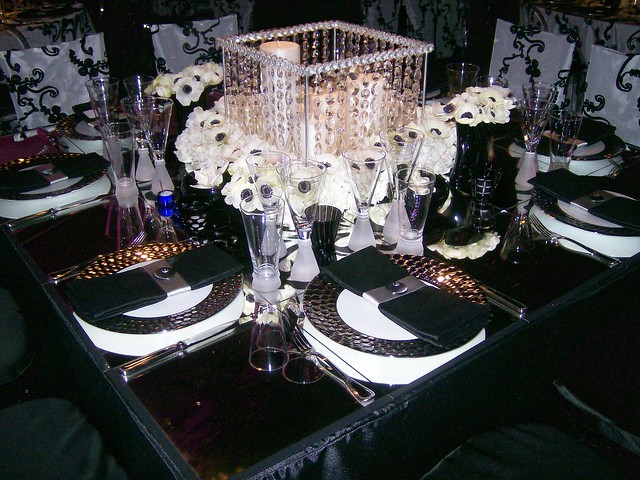 black and white wedding reception tables