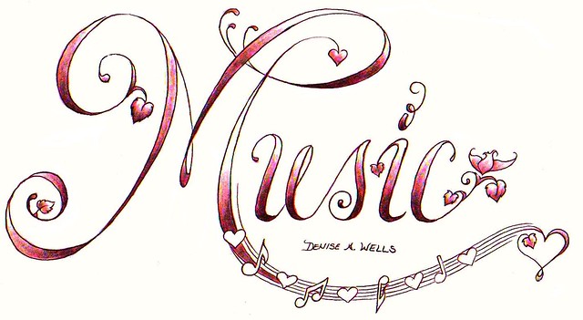 Music Tattoo design with musical notes hearts and a delicate flower coming