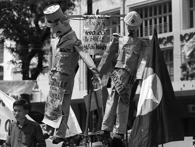 Saigon 1964 - Charles De Gaulle and Ho Chi Minh are hanged in effigy during the National Shame Day in Saigon observing the tenth anniversary of the July 1954 Geneva Agreements.