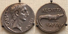 Octavian HCRI 430 Aegypto Capta Crocodile commemorating capture of Egypt, two coins of Octavian 28BC displayed in the British Museum
