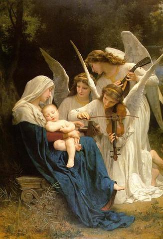 Virgen con el niño Dios y ángeles violinistas