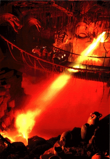 Mara Glares past guests into lava pit.