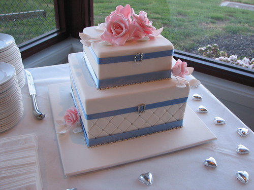 Diamonte Roses Pink and Blue Wedding Cake