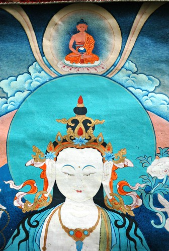 Detail - Chenrezig thangka, Avalokiteshvara, Bodhisattva of Compassion, crowned by Amitabha, Tibetan Buddhism, Seattle, Washington, USA by Wonderlane