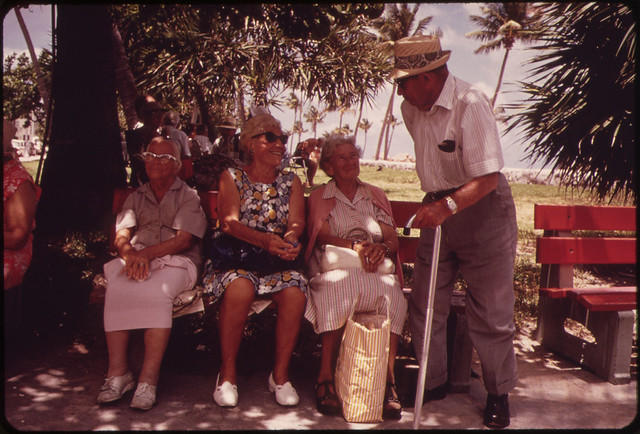 Park Benches of the South Beach Area of Miami Beach Are Favorite Meeting Places for Members of the Area's Large Retirement Community.