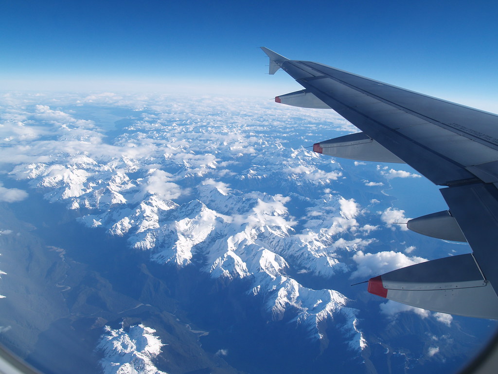 West Coast of South Island, New Zealand from airplane window