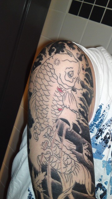 Koi Fish Tattoo 2nd Stage Done by Geoff Stewart Off Whyte Tattoos Black 