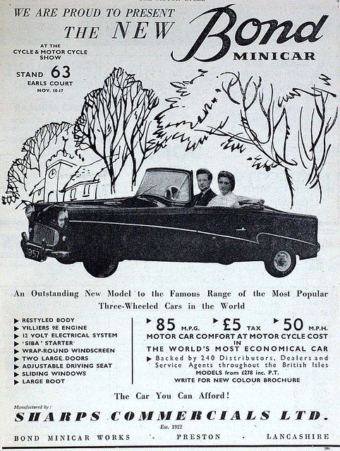 The Bond Minicar Sharps Commercials Ltd Preston 1956 Magazine ad