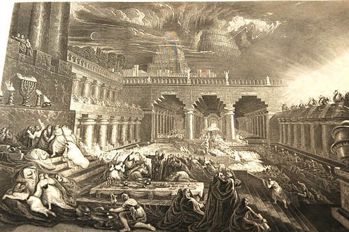 Collapse of the Tower of Babel, from inside the old temple, Old Bible etching published 1885 by Wonderlane