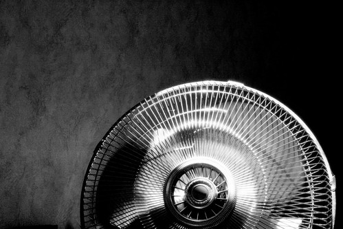 Black and white photograph of a wire fan