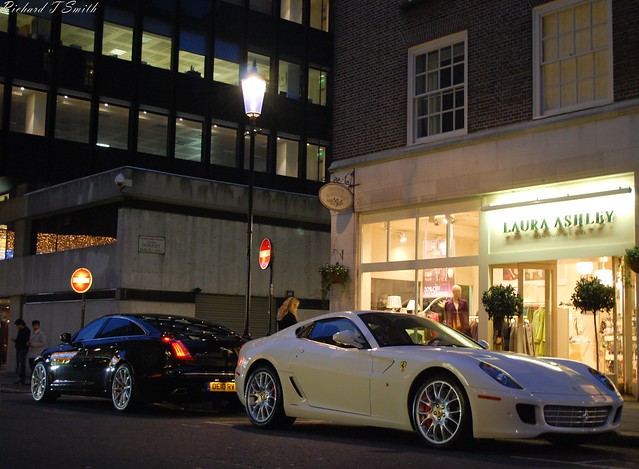 White Ferrari 599 GTB Fiorano parked in Knightsbridge London