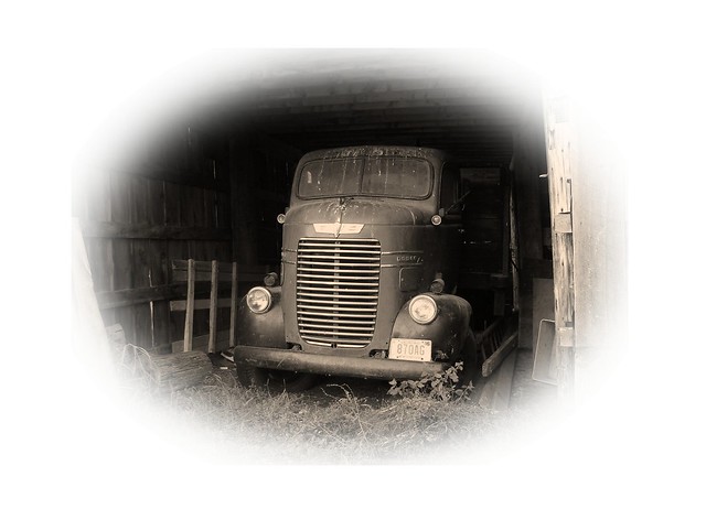 Little modification of a shot of an old Dodge COE spotted in a shed while