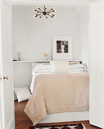 spaces: White bedroom + calm neutral palette + dramatic chandelier ...