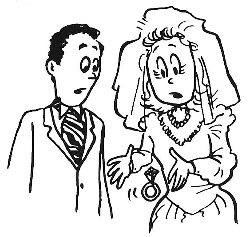 Cartoon of a bride drops her wedding ring as a groom looks on in surprise