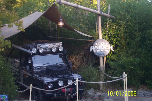 This jeep from Tomb Raider sits outside the Tomb Raider ride
