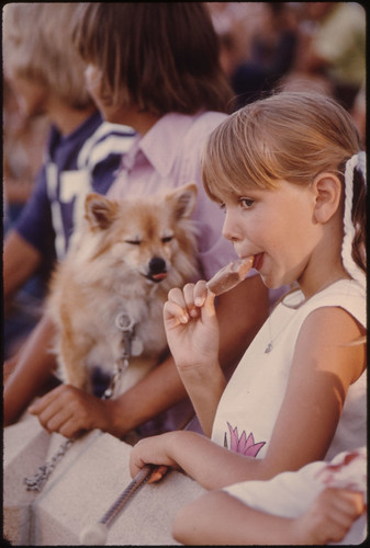 Youngster Unknowingly Has Shared Her Ice Cream Stick with the Dog as She Watches Judging During the Kiddies Parade in Johnson Park in New Ulm, Minnesota