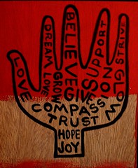 painted hand # 45 on recycled piece of found wood by denise carbonell