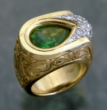 Men's Emerald Ring Emerald and diamonds in a Paisley style engraved ring 
