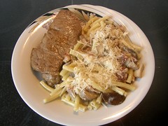 Today for Lunch: Wild Mushrooms in cream sauce with pasta and steak