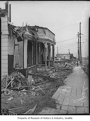 Houses being demolished for Yesler Terrace housing project, Seattle, 1940