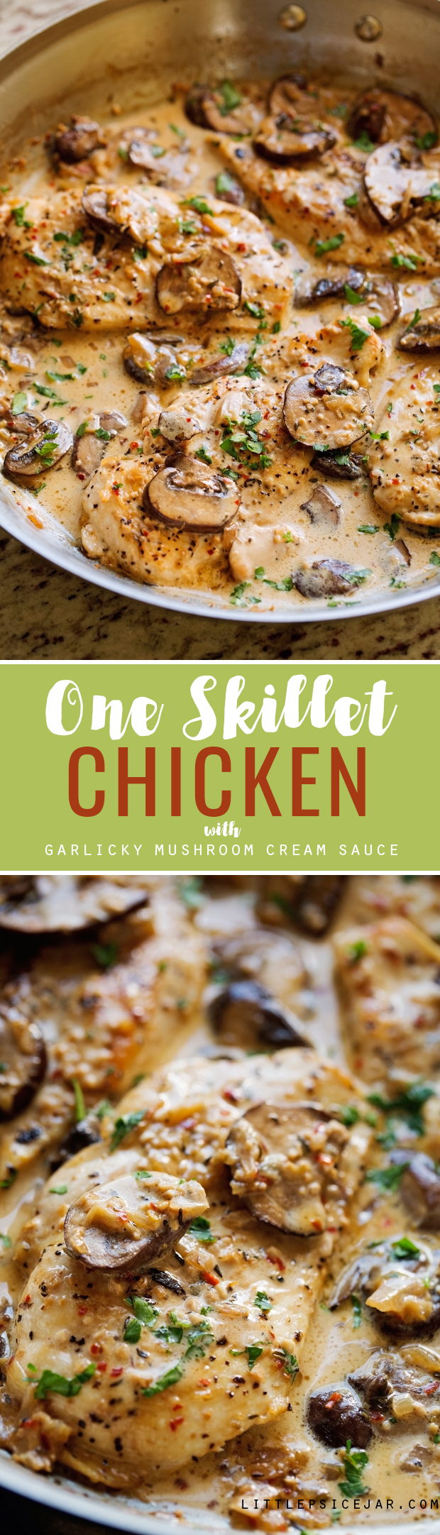 One Skillet Chicken with Garlicky Mushroom Cream Sauce - ready in 30 minutes and perfect over a bed of pasta! #oneskilletchicken #chickendinner #mushroomchicken | Littlespicejar.com