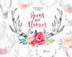Horns & Flowers. 14 Watercolor clipart, floral, hand drawing antlers, invite, country, diy clip art, logo, skull, deer, tatoo, wallart, boho
