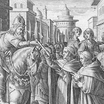 The monks give the silkworms to the emperor Justinian