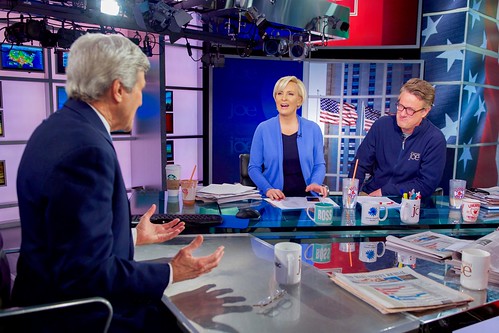 Secretary Kerry Chats With 'Morning Joe' Co-Hosts Scarborough, Brzezinski Before Appearing on MSNBC Program in New York