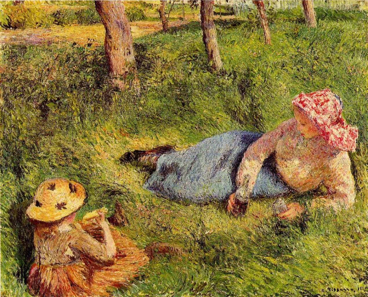 The Snack, Child and Young peasant at Rest by Camille Pissarro, 1882