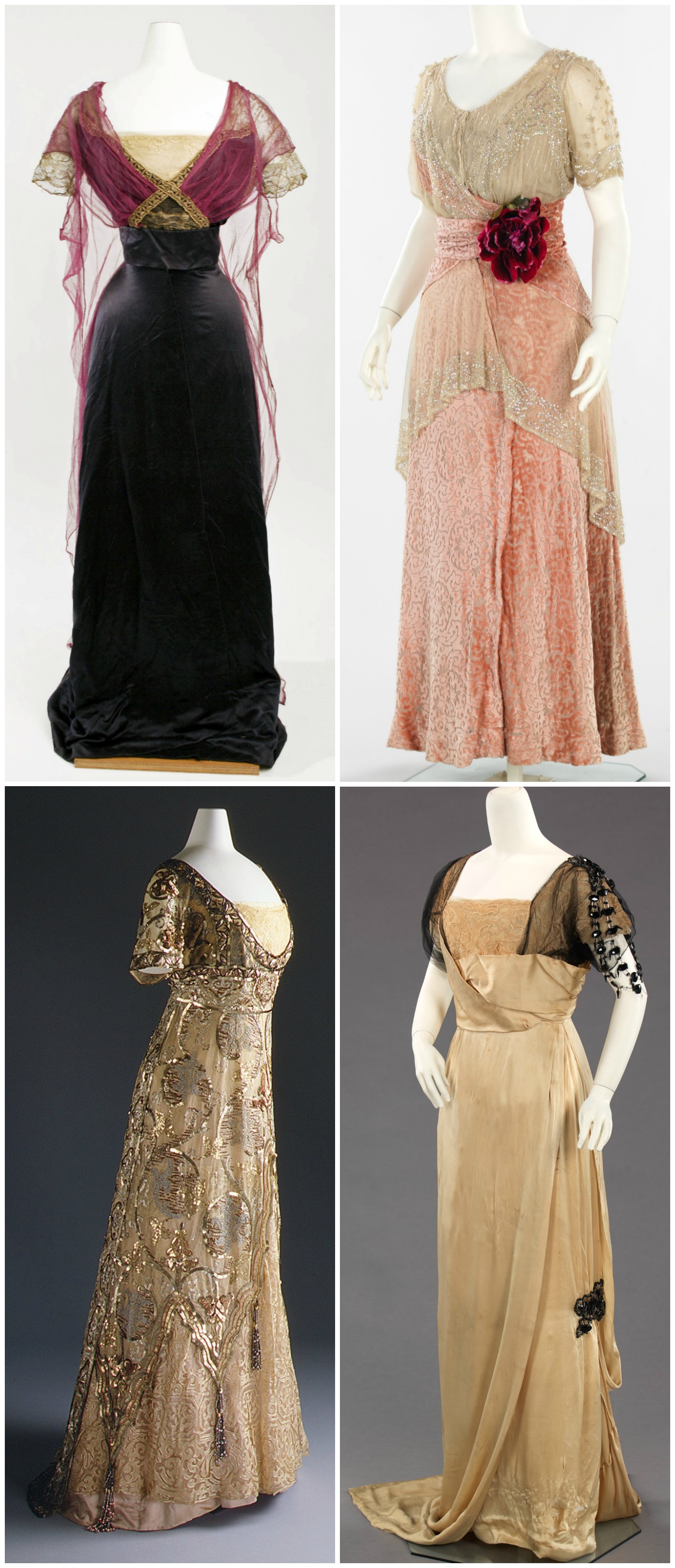 Titanic Dresses. clockwise from top left Callot Soeurs (French), Herbert Luey (American), Callot Soeurs, Paul Poiret (French). Credit metmuseum
