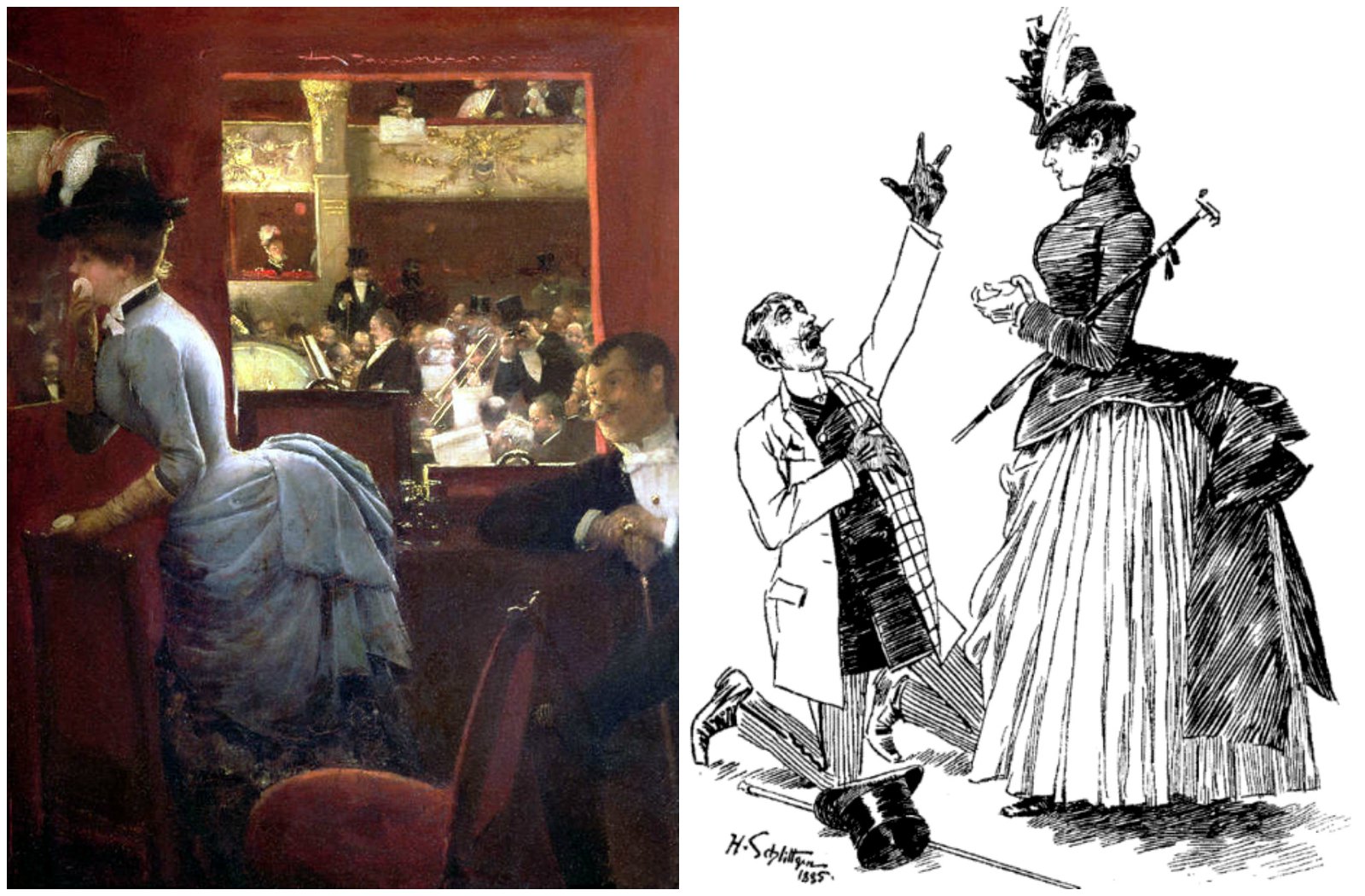 Left: The Box by the Stalls by Jean-Georges Béraud – 1883. Right: An 1885 proposal caricature