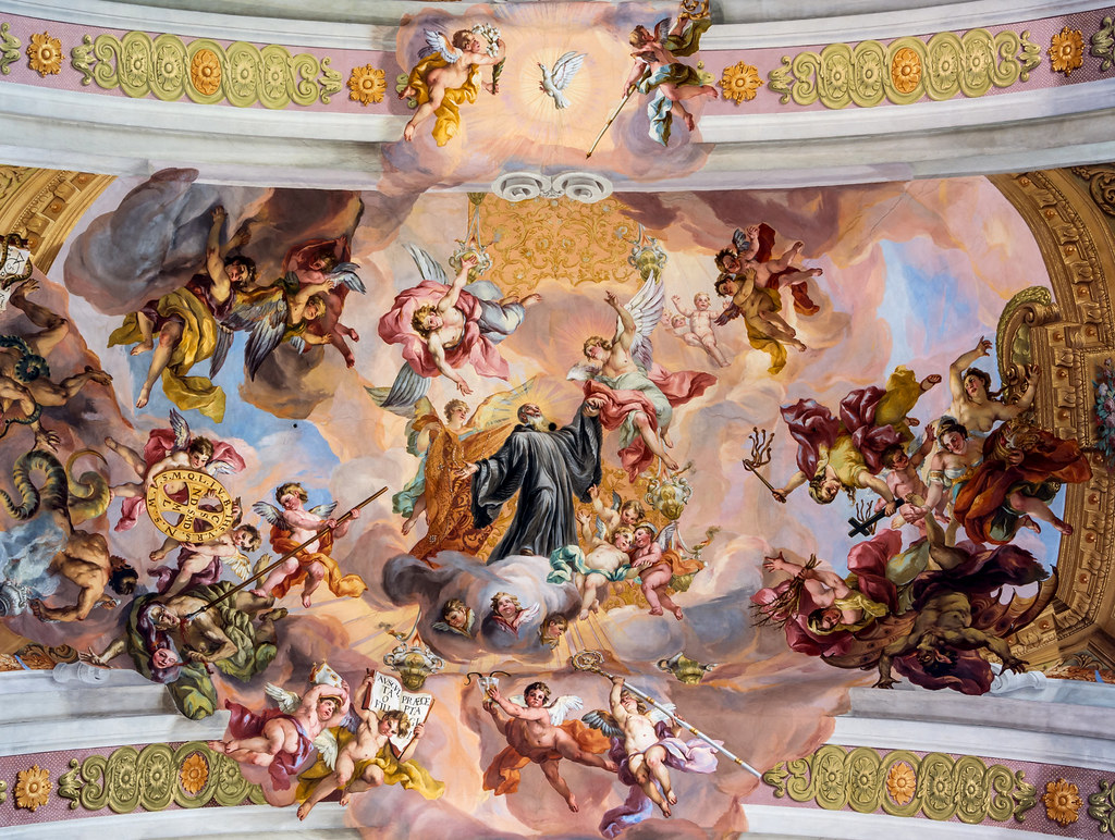 Ceiling fresco in the central arch of the nave at Melk Abbey Church by Johann Michael Rottmayr (1722) Via triumphalis of St. Benedict. Credit Uoaei1