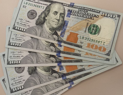 Money, 6 Benjamin Franklin $100 notes, $600. marked with blue dye, The United States of America