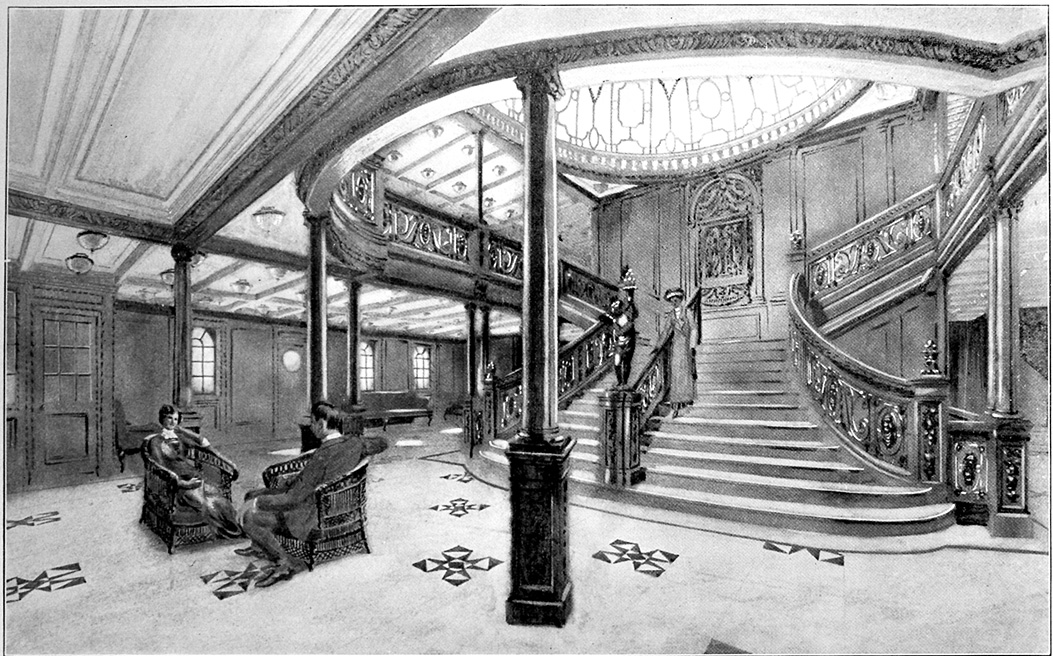 Drawing of the Grand Staircase onboard the RMS Titanic from the 1912 promotional booklet