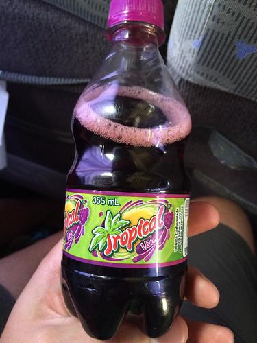 Trajet Copan-Tegucigalpa: la boisson la plus dégueulasse que Mister J aurait pu choisir ! Lui qui croyait que c'était de l'eau de Jamaica ;)