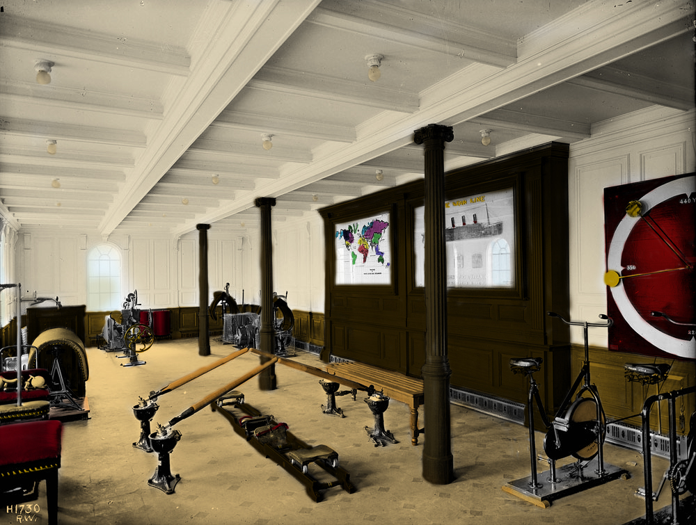 Colorized version of the original black-white photo of Titanic's first class gymnasium.