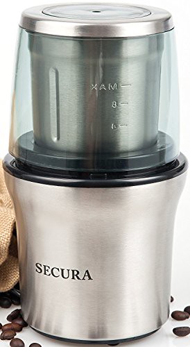 Secura Electric Coffee Grinder & Spice Grinder with 2 Stainless-Steel Blades Removable Bowl (1-year warranty) For Sale
