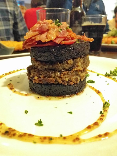 black pudding + haggis topped with bacon