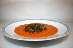 Bell pepper carrot soup with mince gröstl / Paprika-Möhrensuppe mit Hackfleischgröstl
