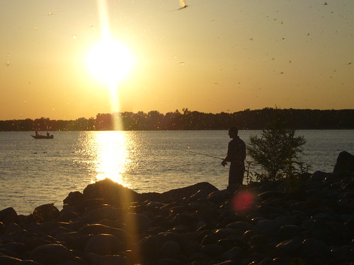 sunset sun lake fishing