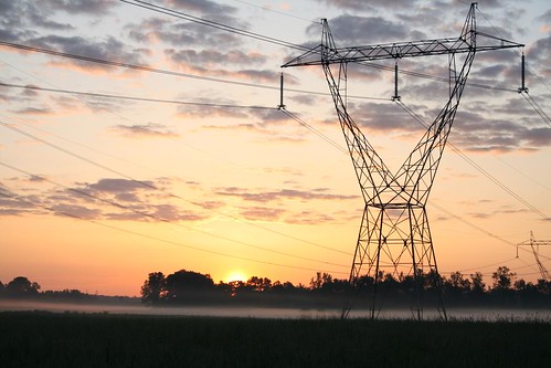 sky silhouette fog sunrise powerlines