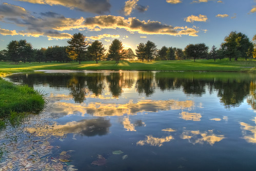 sunset fall clouds golf course foliage hdr