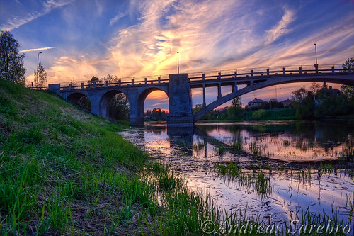bridge blue sunset sky cloud reflection tree reed water grass river spring arch sweden hdr arboga moln gräs rhdr