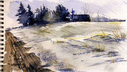 winter snow watercolor painting landscape michigan january