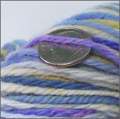 Lupines and Poppies yarn, close up with dime