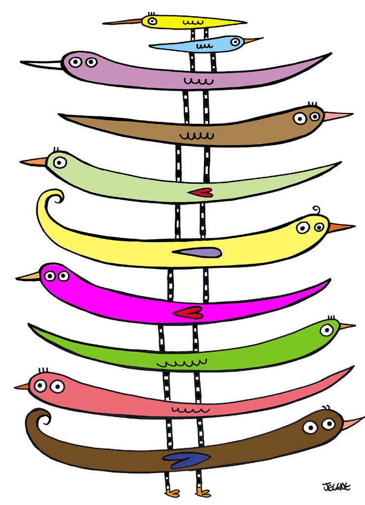 A doodle of skinny birds stacked on top of each other by Jelene Morris