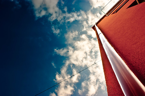 city blue red sky urban orange cloud building up architecture high europe angle pov sony low pipe cable drain 350 slovakia alpha drainpipe lowangle trenčín a350 sal1870 poinofview sihoť