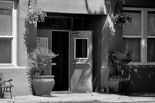 door windows blackandwhite bw building geotagged apartments open planters doorway geo:lat=44799347 geo:lon=122792172