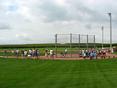 The ball 'game' underway on the set of the Field Of Dreams movie, as seen from the road.