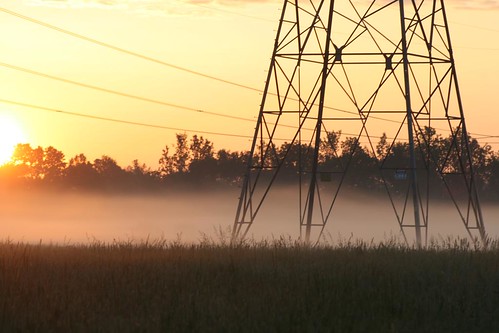 sky silhouette fog sunrise powerlines